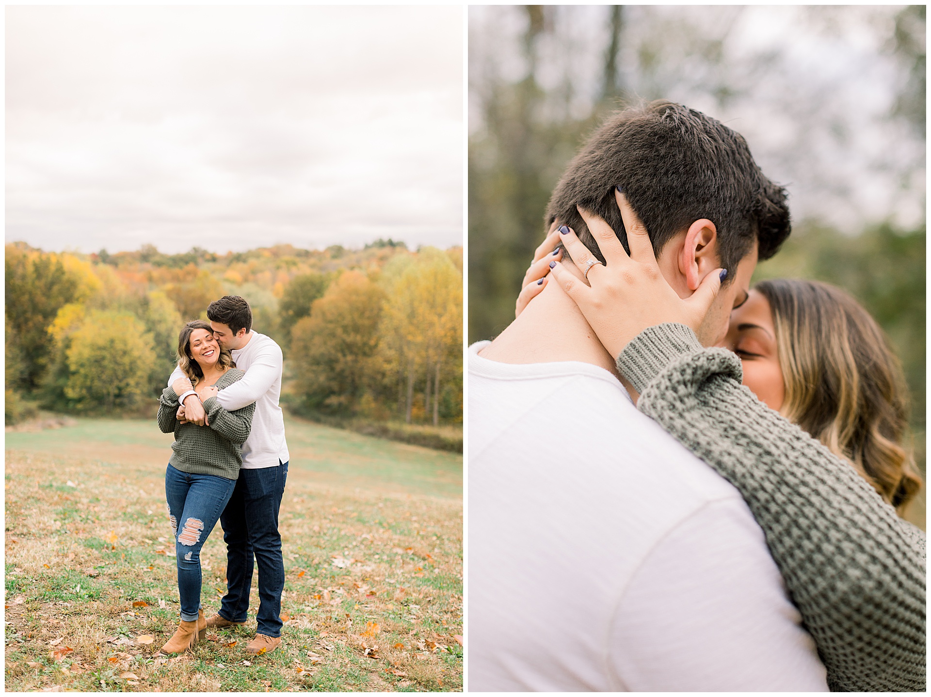 romantic engaged couple fall park with close up shot of ring