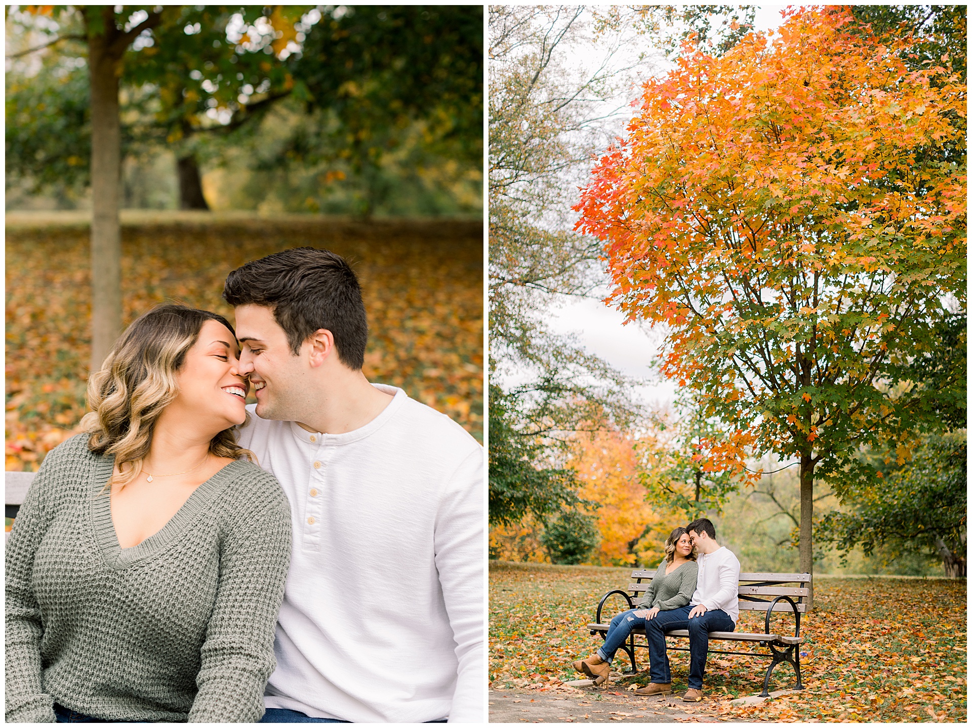 fall engaged couple sit on bench at park 
